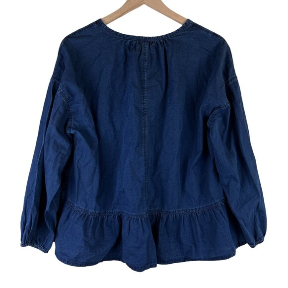 Madewell Indigo Dark Wash Ruffle Hem Chambray Long Sleeve Top - Picture 6 of 6